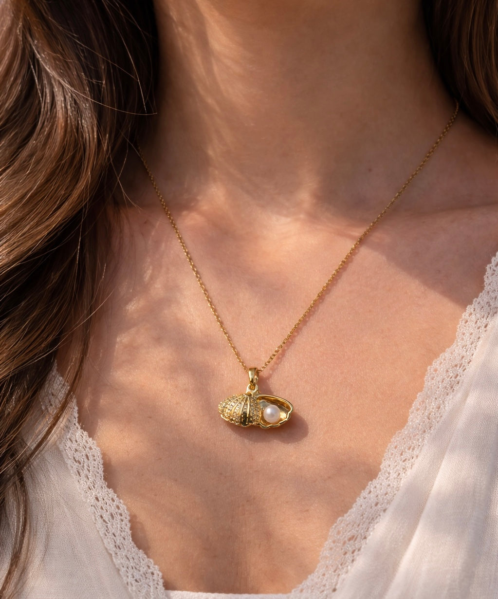 Golden Seashell Pearl Locket Necklace