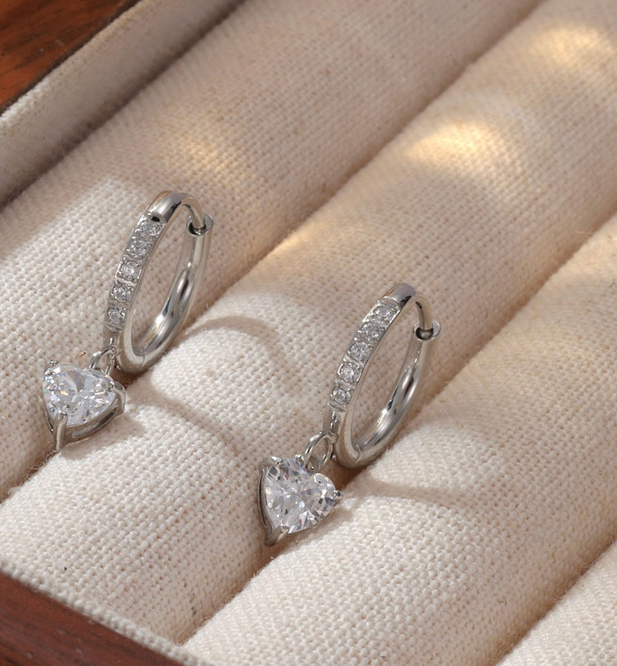 Silver Heart Drop Huggie Earrings