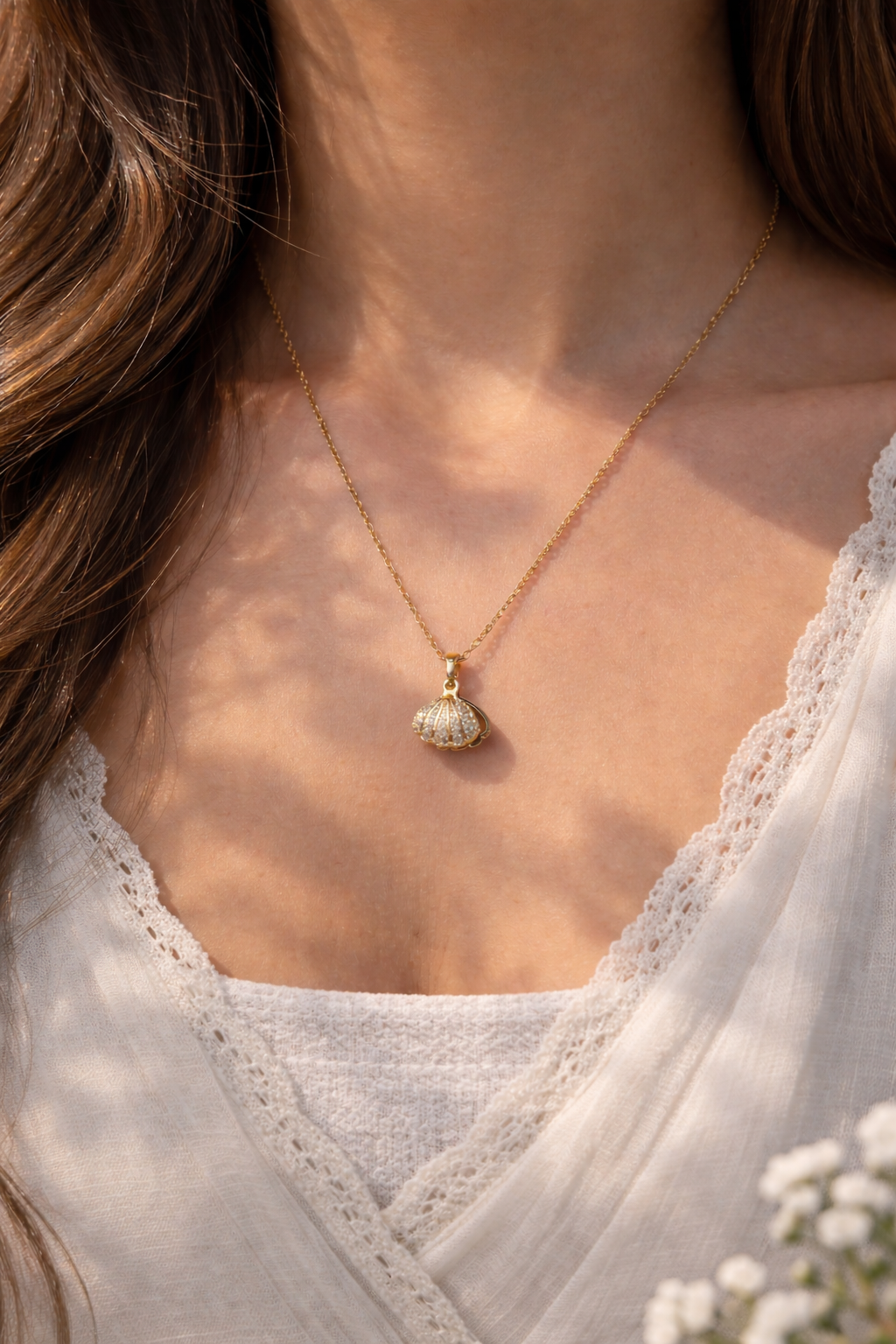 Golden Seashell Pearl Locket Necklace