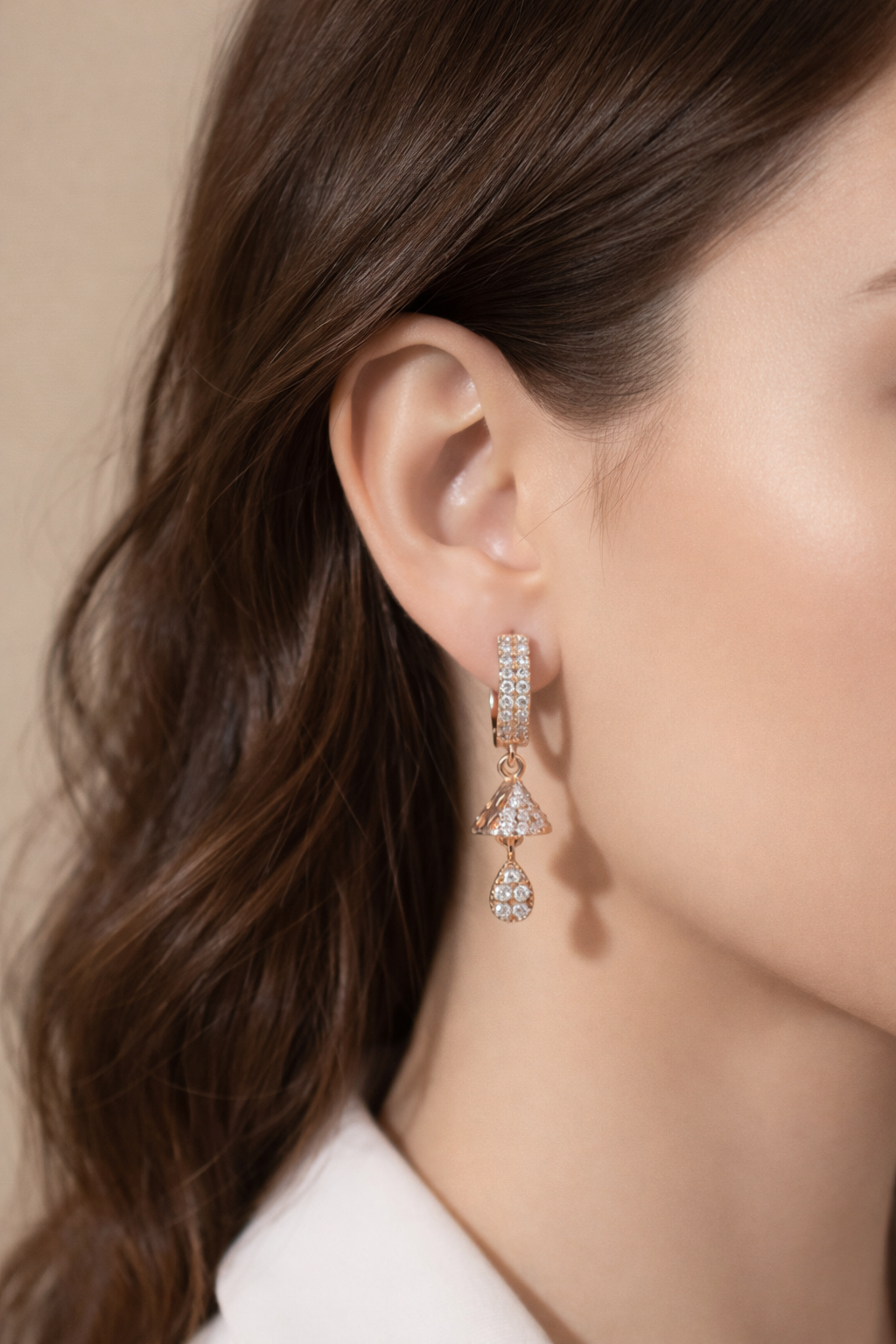 Celestia Aura Bell Drop Hoops – Rose Gold Crystal Earrings