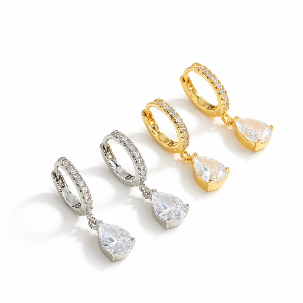 Silver Teardrop Crystal Huggie Earrings